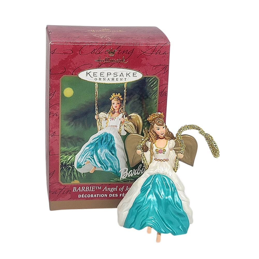 Vintage 2000 Hallmark Ornament Barbie "Angel of Joy" Teal White Dress Swing
